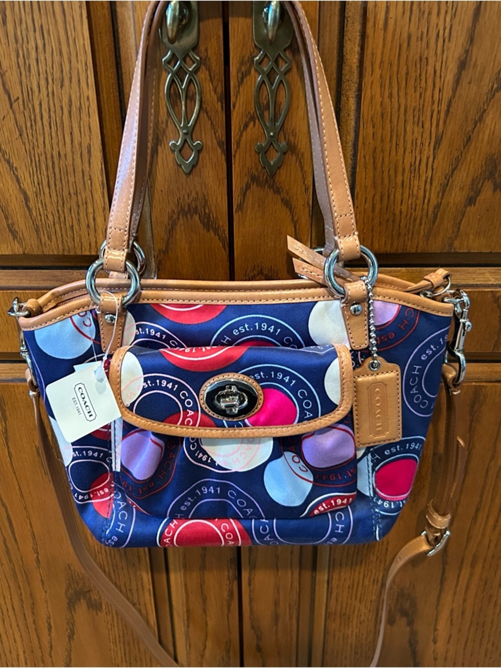 Coach Navy Multicolor Circle Signature Crossbody with Tan Trim